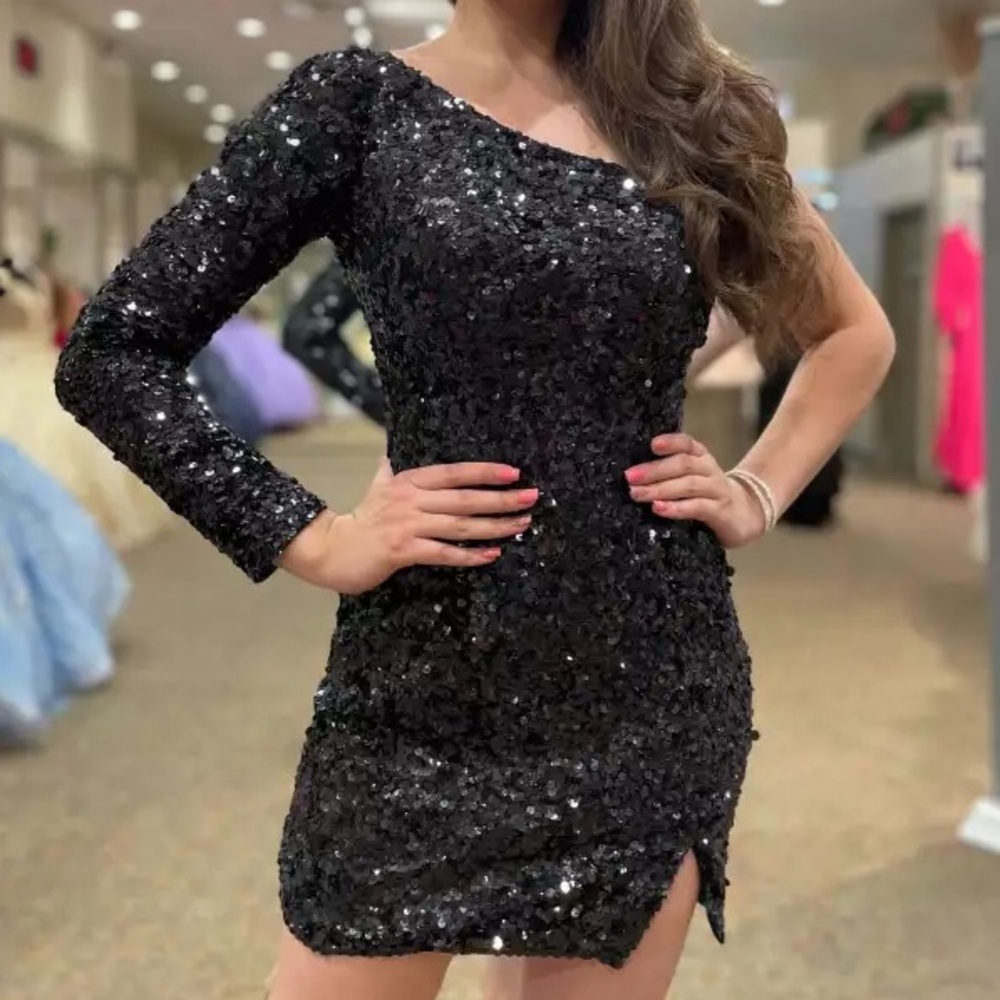 Sherri Hill Midnight and Black Sequin One Sleeve Cocktail Dress